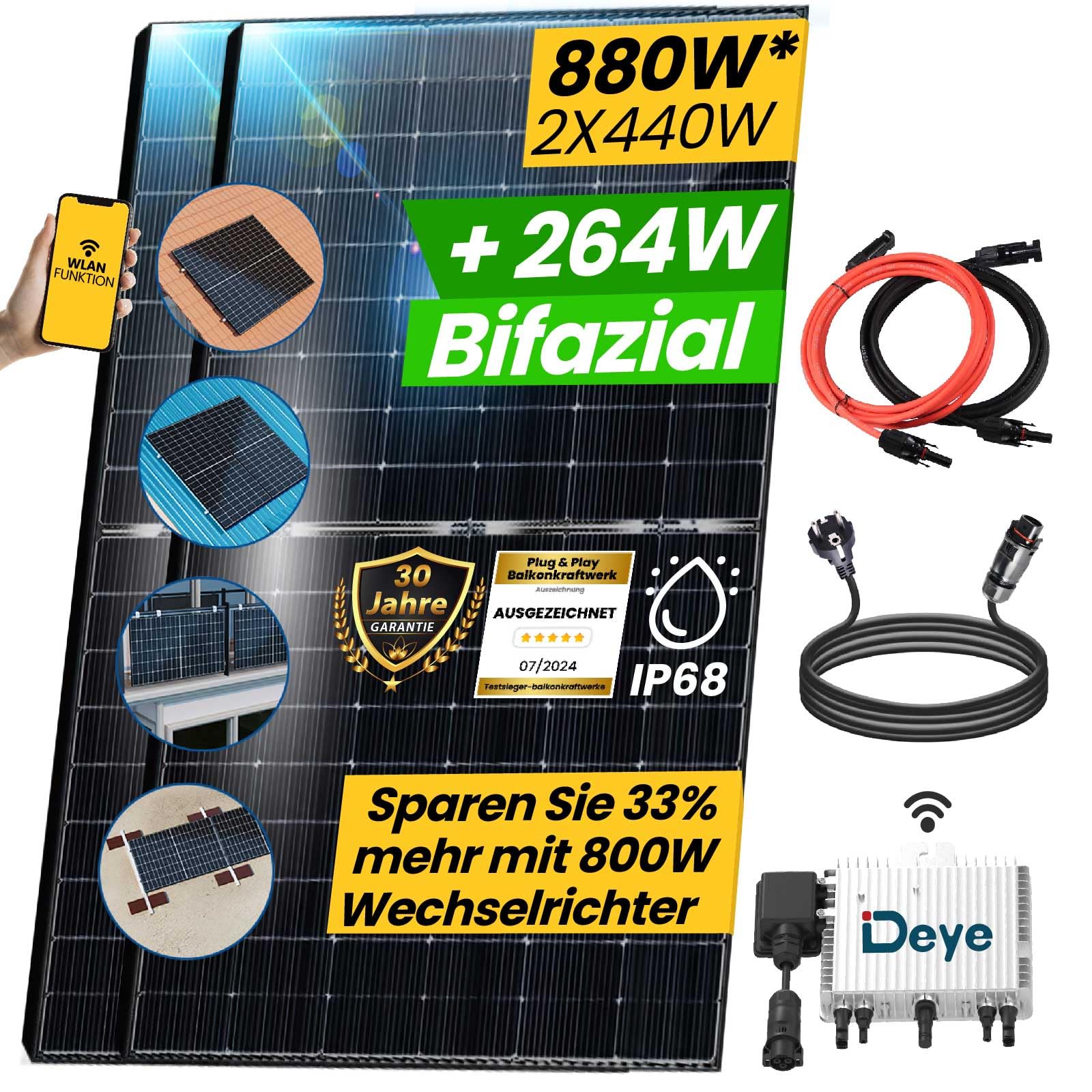 EPP.Solar® EPP Premium 880W Balkonkraftwerk 800W komplett Steckdose, Solaranlage Komplettset mit 2x440W Bifaziale Solarmodule, Upgradefähiger 800W APE OEM Wechselrichter mit Relais - mit Ziegeldach von EPP.Solar