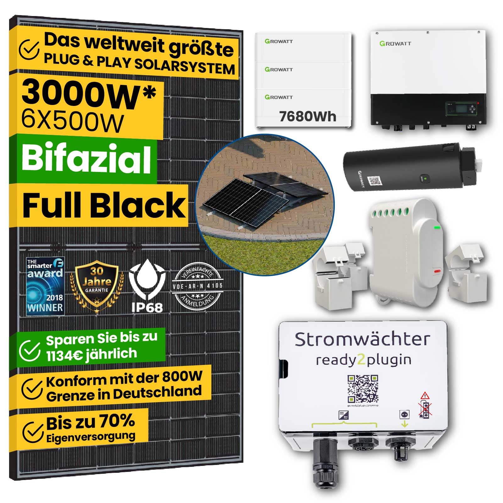 EPP.Solar® Smart Balkonkraftwerk mit Speicher 3kW Solaranlage Komplettset 7,68kWh Stromspeicher, 3KW Notstromsteckdose, Photovoltaik mit Stromwächter 6x500W Bifaziale Panel mit Flachdach Halterung von EPP.Solar