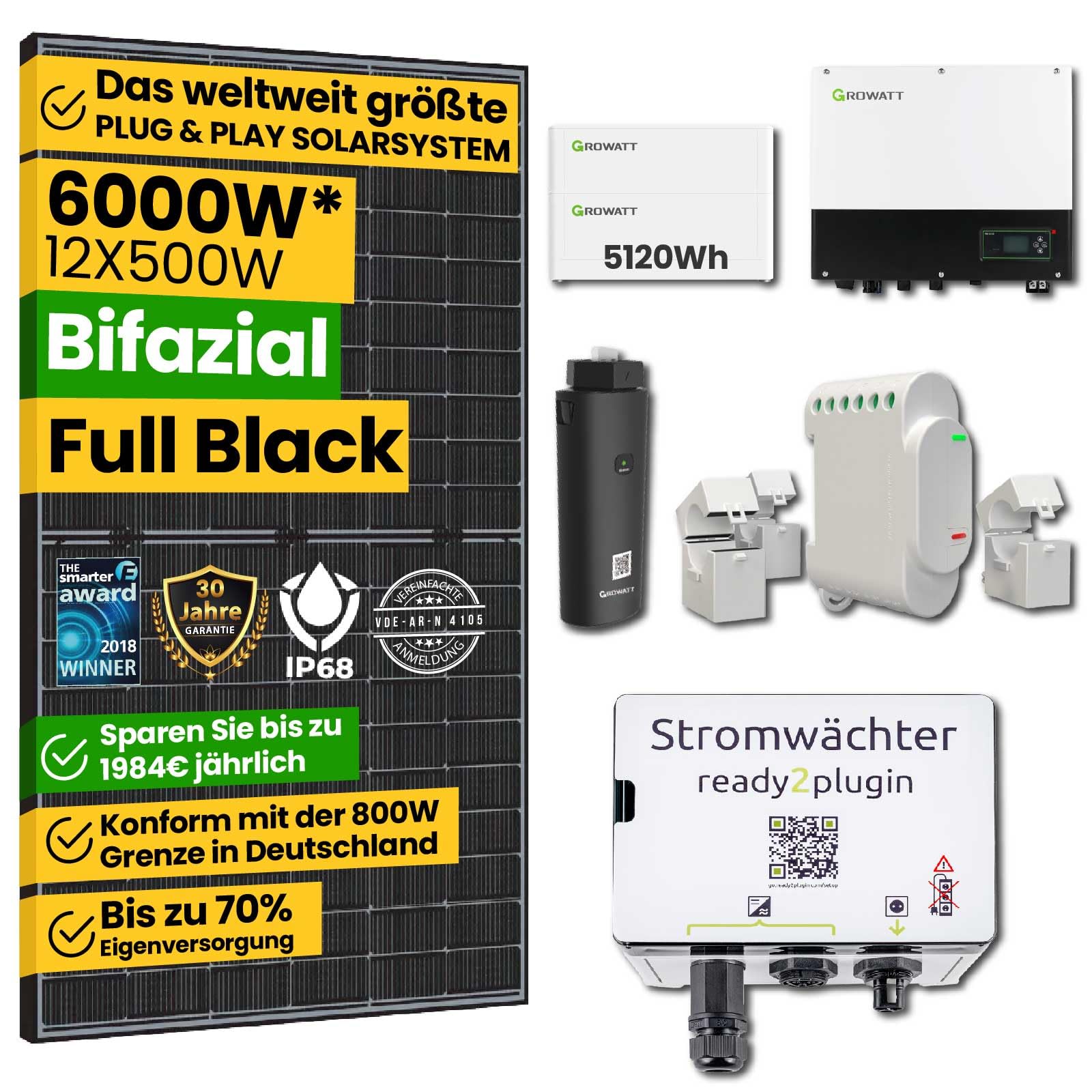 EPP.Solar® Smart Balkonkraftwerk mit Speicher 6kW Solaranlage Komplettset, 5,12kWh Stromspeicher, 3000W Notstromsteckdose, Photovoltaikanlage mit Smart Stromwächter 12x500W Bifaziale Solarpanel von EPP.Solar