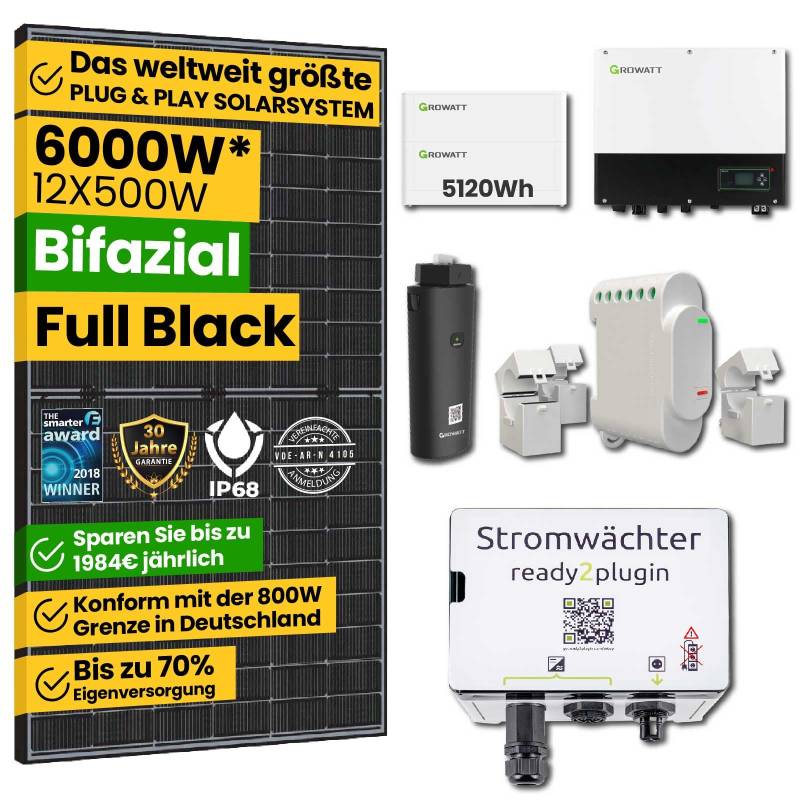 EPP.Solar® Smart Balkonkraftwerk mit Speicher 6kW Solaranlage Komplettset, 5,12kWh Stromspeicher, 3000W Notstromsteckdose, Photovoltaikanlage mit Smart Stromwächter 12x500W Bifaziale Solarpanel von EPP.Solar