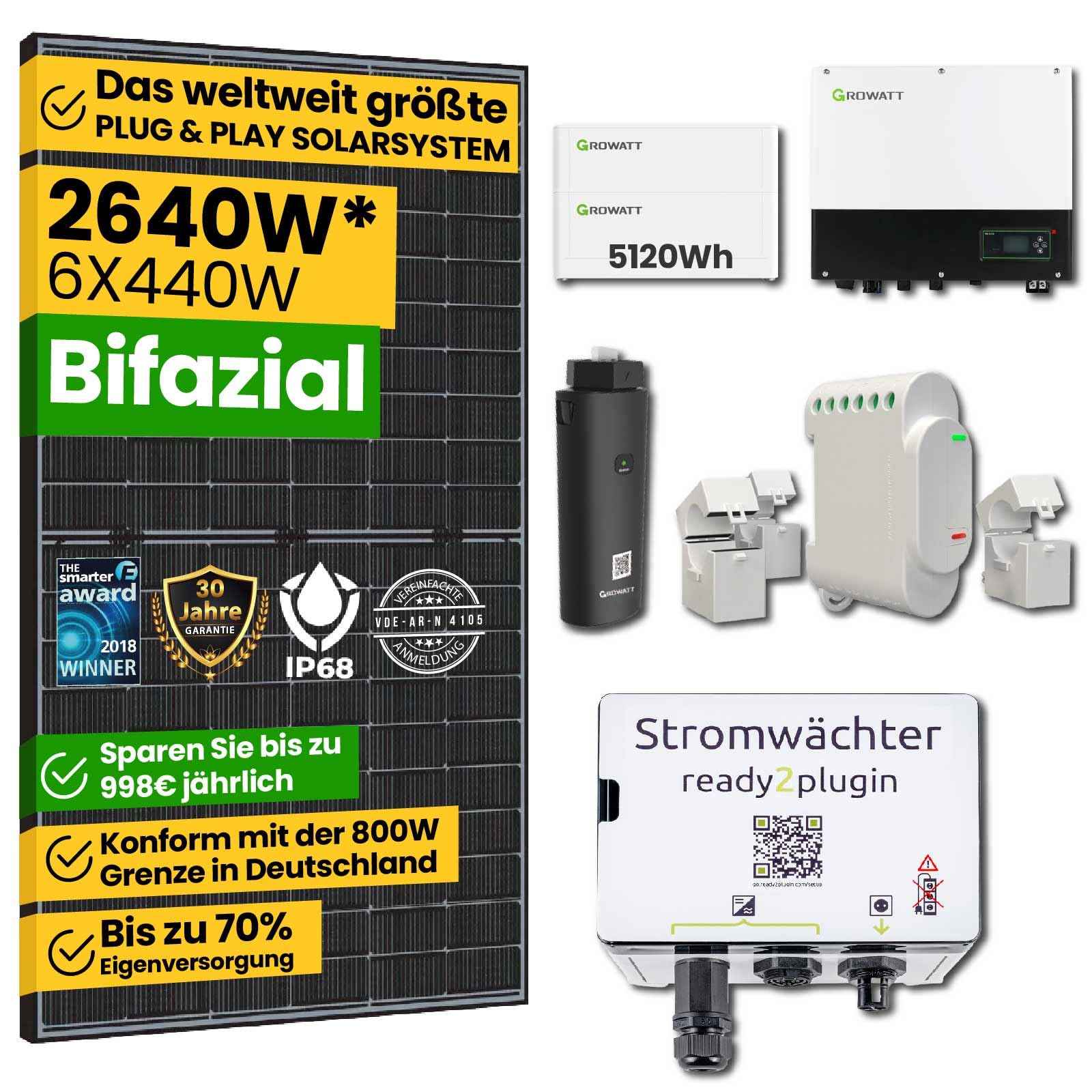 EPP.Solar® Smart Balkonkraftwerk mit Speicher 2640W Solaranlage Komplettset, 5,12kWh Stromspeicher, 3000W Notstromsteckdose, Photovoltaikanlage mit Smart Stromwächter 6x440W Bifaziale Solarpanel von EPP.Solar