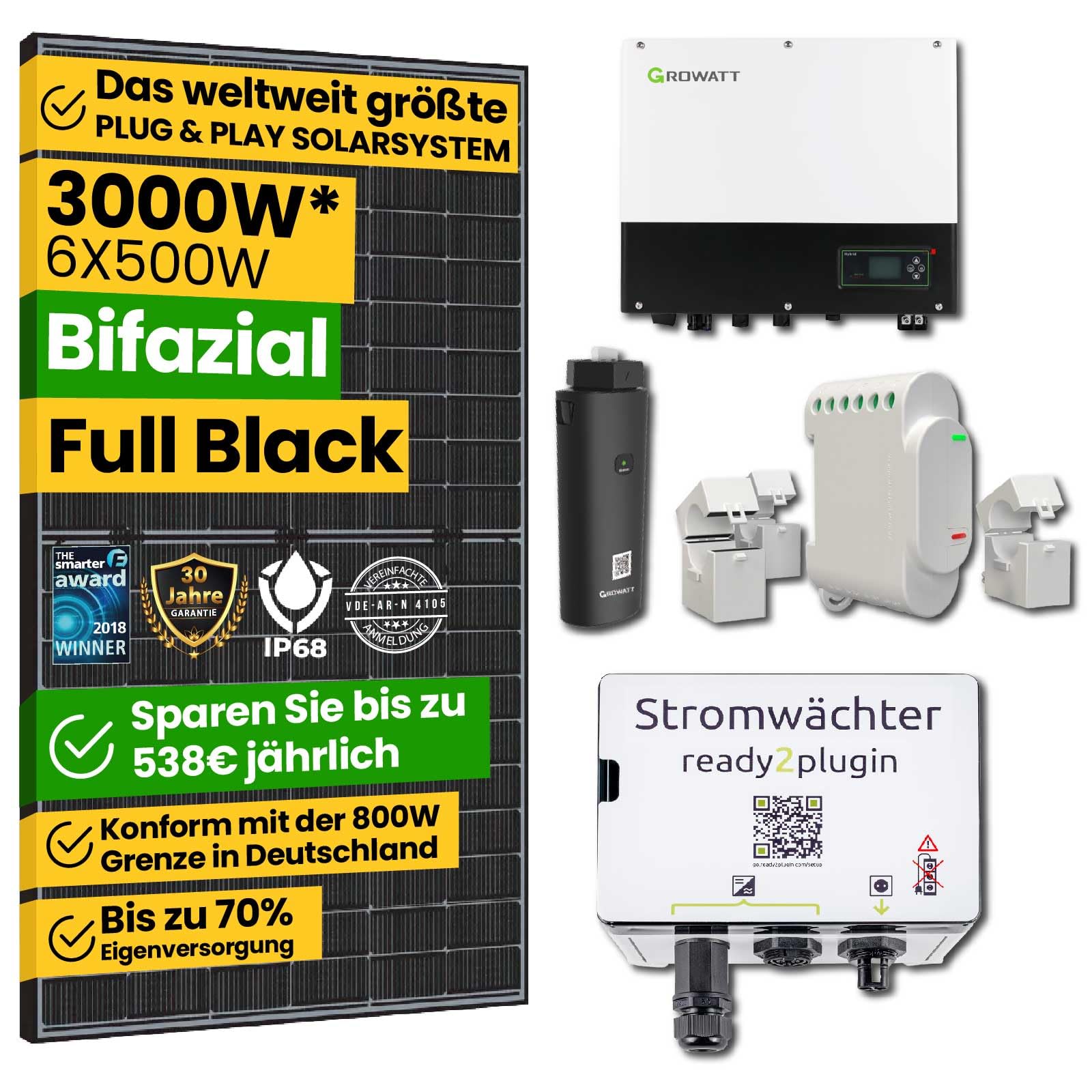 EPP. Solar® 3000W Smart Balkonkraftwerk mit Ready2plugin Stromwächter, 6x 500W Bifazial Solarpanel und Growatt 3000W Wechselrichter -Plug and Play Photovoltaikanlage von EPP.Solar