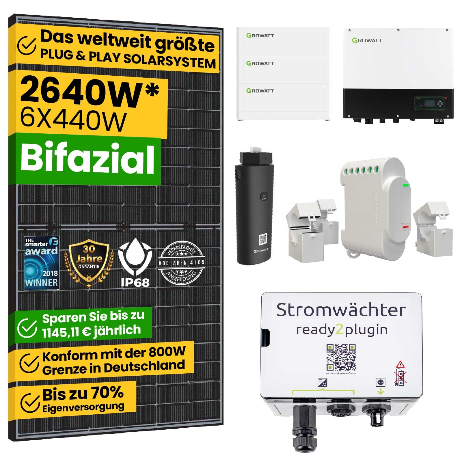 Stecker Solaranlage 2640W/3000W, 7,68 kWh Stromspeicher 3000W Notstromsteckdose | Komplett Photovoltaikanlage mit Smart Stromwächter ohne Genehmigung von EPP.Solar