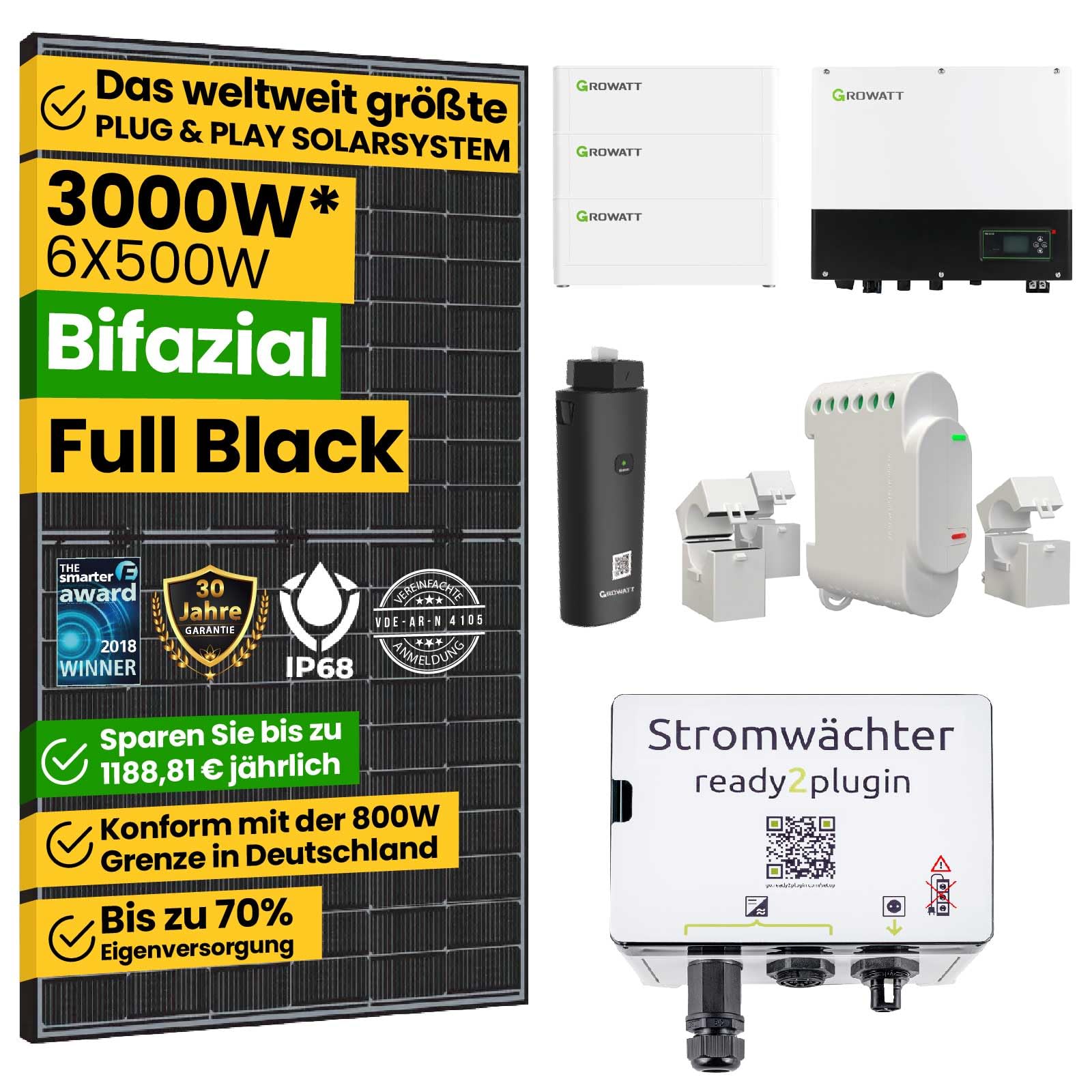 Stecker Solaranlage 3000W/3000W, 7,68 kWh Stromspeicher 3000W Notstromsteckdose | Komplett Photovoltaikanlage mit Smart Stromwächter ohne Genehmigung von EPP.Solar