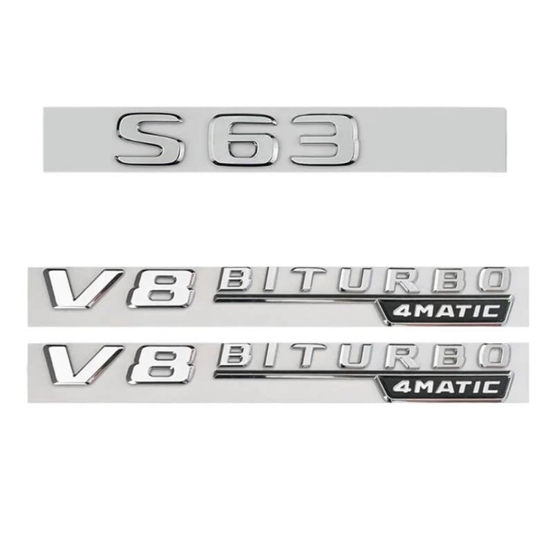 ERAKAFZTTK 3D ABS Silber S63 S65 V8 V12 BITURBO 4MATIC Auto Logo Seite Emblem Stamm Abzeichen Aufkleber Passend for Mercedes Benz(2PCS V8 B 4MATIC) von ERAKAFZTTK