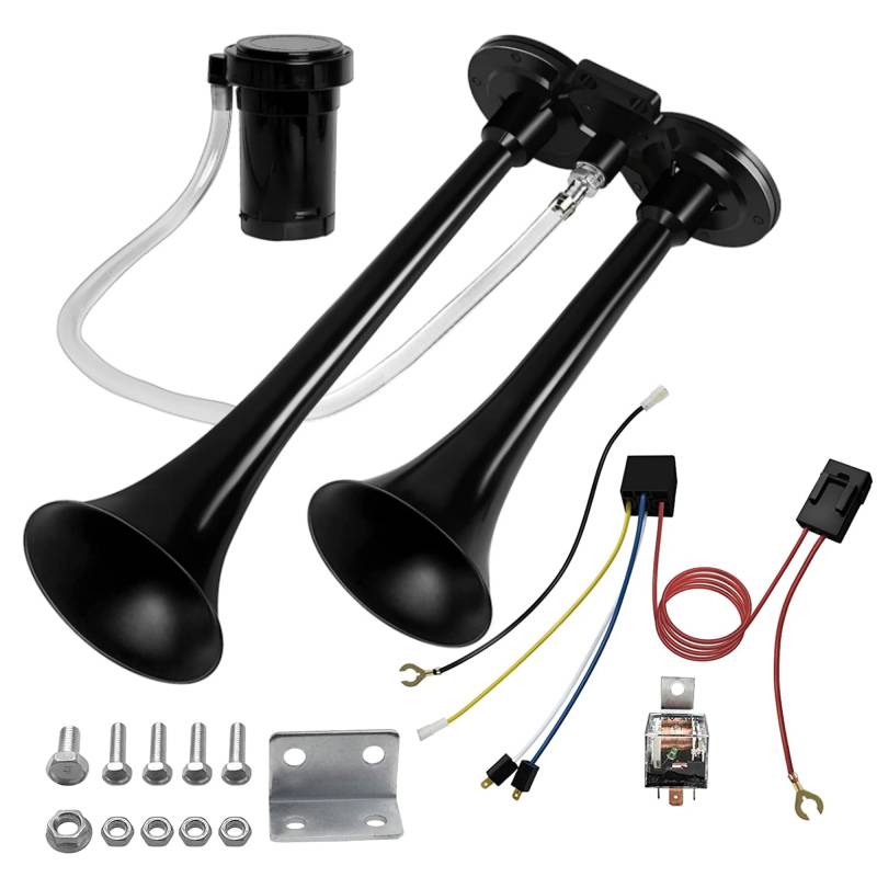 ERMWALR 12V Dual Trompete Air Horn Kit mit Kompressor, Super Loud Auto Horn für Auto, LKW, Van, Zug, Motorrad (Schwarz) von ERMWALR