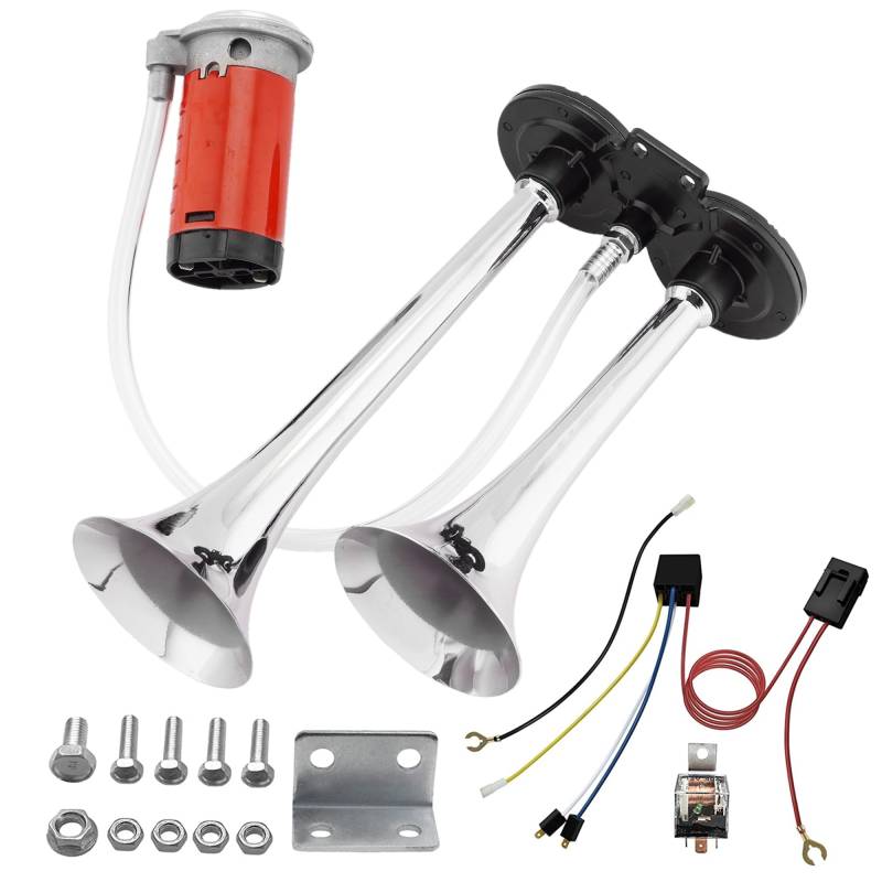 ERMWALR 12V Dual Trompete Air Horn Kit mit Kompressor, Super Loud Auto Horn für Auto, LKW, Van, Zug, Motorrad (Silber) von ERMWALR