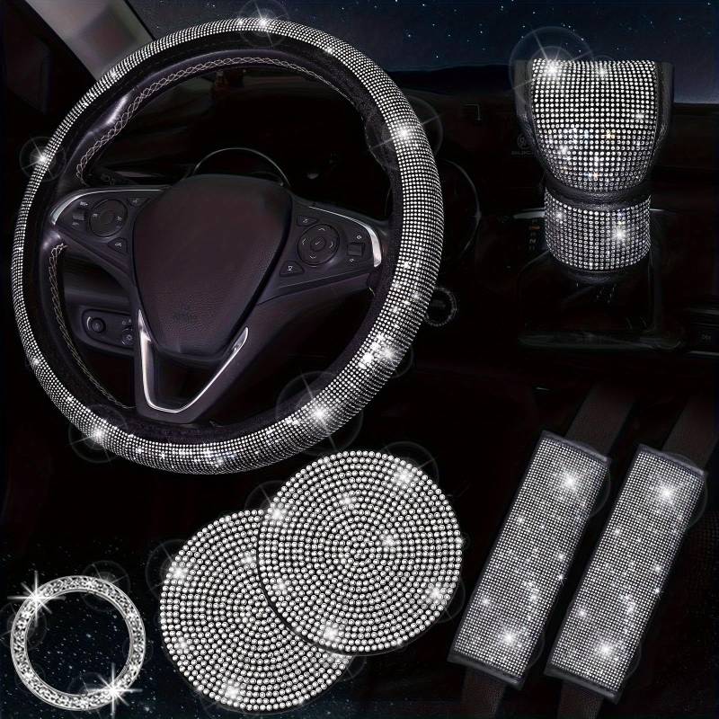 ERMWALR 7-teilige Bling Auto Zubehör für Frauen, Bling Lenkradabdeckung Bling Auto Untersetzer Bling Set Sicherheitsgurt Schulterpolster Ring Emblem Aufkleber Schaltung Abdeckung (Silber) von ERMWALR