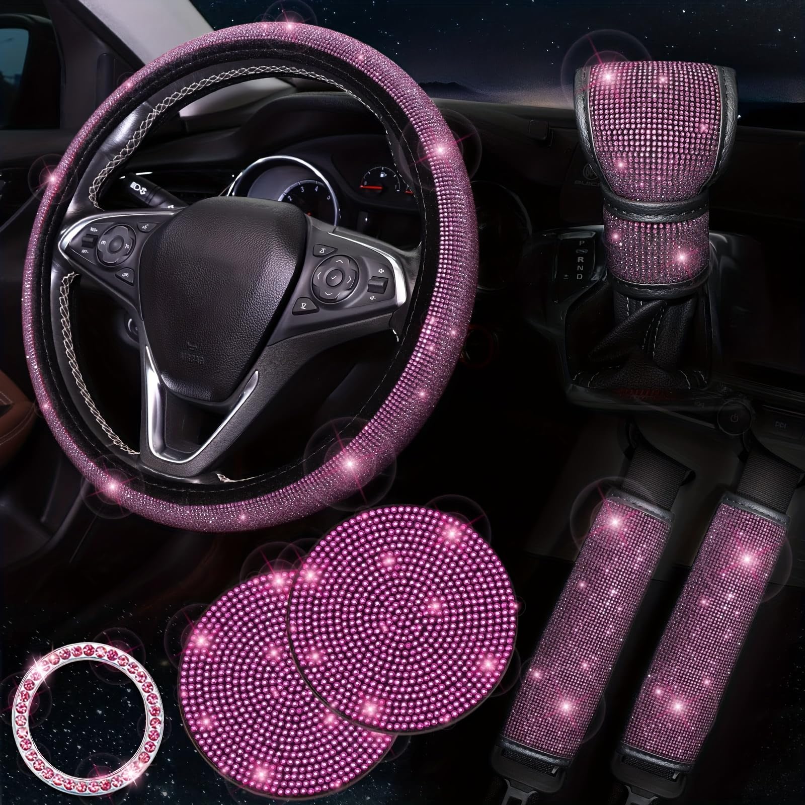 ERMWALR Bling Autozubehör für Damen, glitzernde Lenkradabdeckung, glitzerndes Auto-Untersetzer-Set, Sicherheitsgurt-Schulterpolster, Ring-Emblem, Aufkleber, Schaltabdeckung, Rosa, 7 Stück von ERMWALR