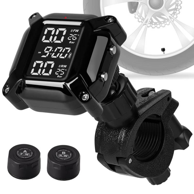 ESLOYSUN Motorrad Drahtloses Reifendruckkontrollsystem, USB wiederaufladbares TPMS für Motorräder mit 2 externen Sensoren Digitales 1,5" LCD Display Auto Alarmsystem Anti-Off von ESLOYSUN