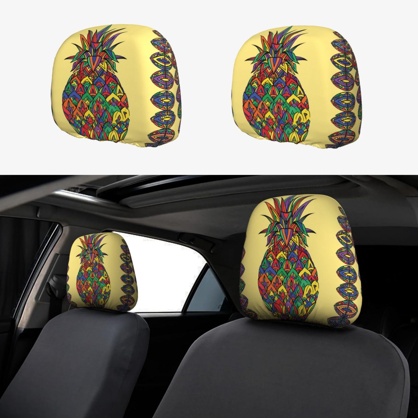 ESNAIUVCD Auto-Kopfstützenbezug mit Regenbogen-Ananas-Druck, 2-teiliges Set, universell passend für Autos/SUV/LKW, Auto-Vordersitz-Kopfstütze, staubdichter Bezug von ESNAIUVCD