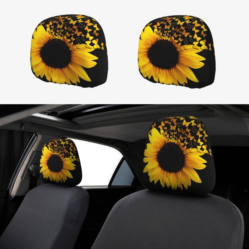 ESNAIUVCD Auto-Kopfstützenbezug mit Sonnenblumen-Blumen und Schmetterlingen, 2-teiliges Set, universelle Passform, für Autos/SUV/LKW, Auto-Vordersitz-Kopfstütze, staubdichter Bezug von ESNAIUVCD