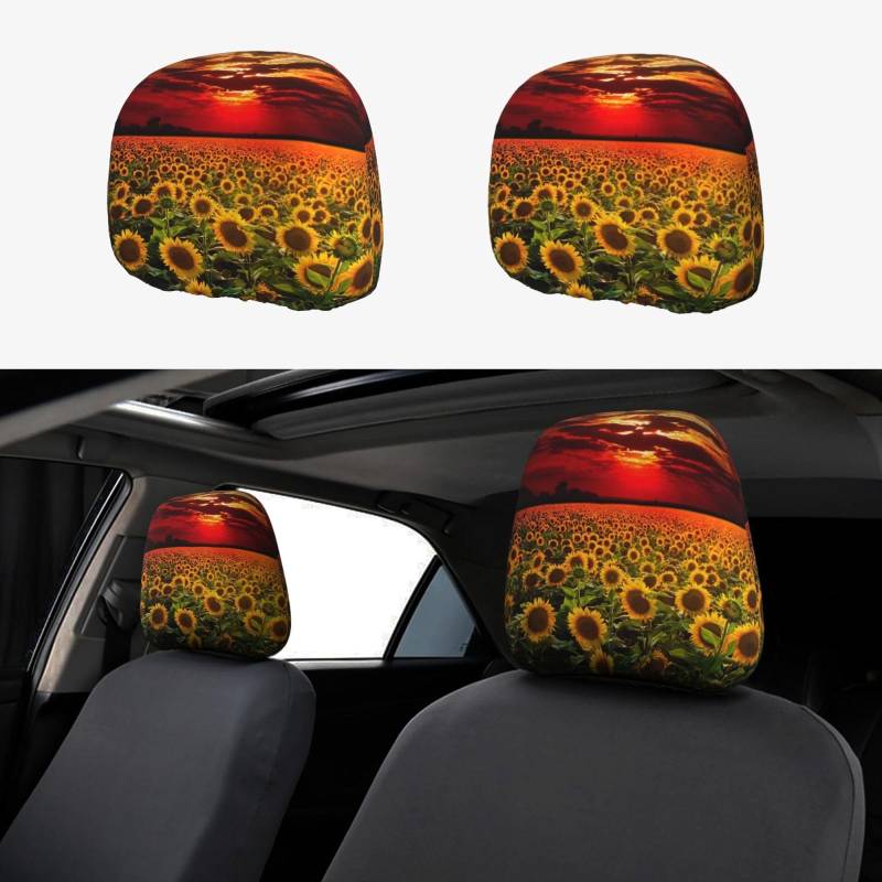 ESNAIUVCD Auto-Kopfstützenbezug mit Sonnenuntergang und Sonnenblumen-Druck, universelle Passform, für Autos/SUV/LKW, staubdichter Bezug für Vordersitz, 2 Stück von ESNAIUVCD