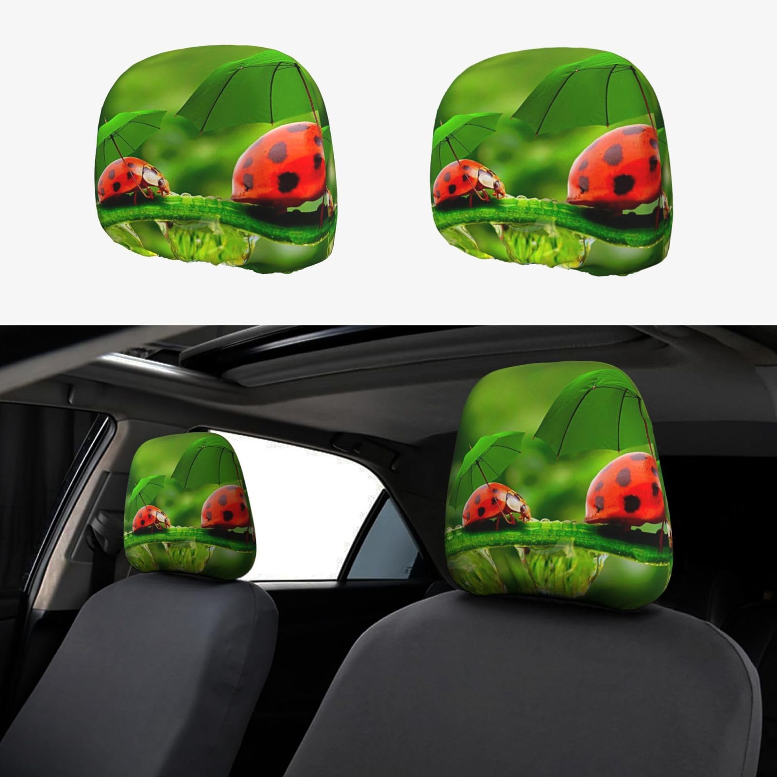 ESNAIUVCD Funny Ladybug mit Regenschirmen bedruckt, Auto-Kopfstützenbezug, 2-teiliges Set, universelle Passform, für Autos/SUV/LKW, Auto-Vordersitz-Kopfstütze, staubdichter Bezug von ESNAIUVCD