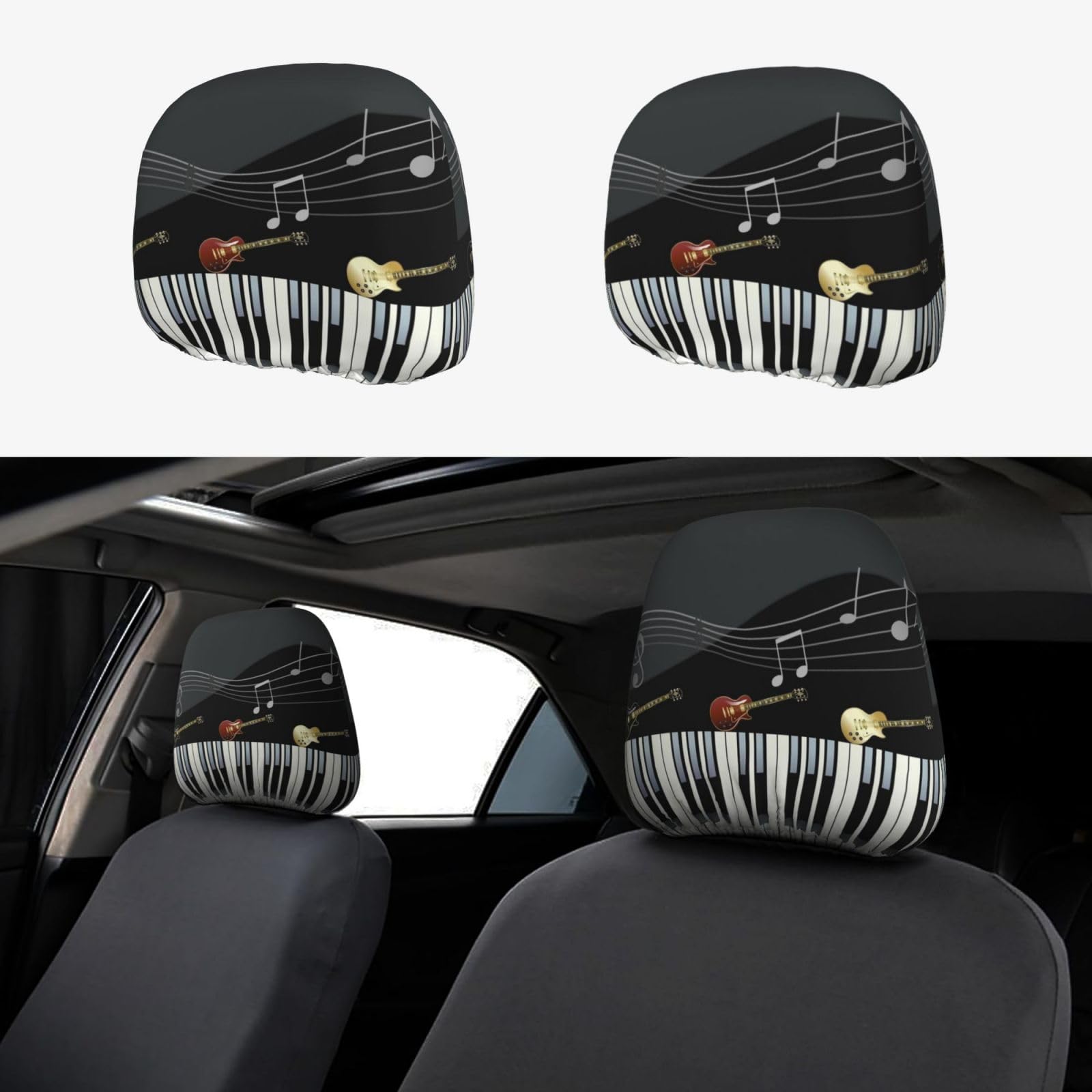 ESNAIUVCD Kopfstützenbezug mit Gitarren-Piano-Muster, 2-teiliges Set, universelle Passform, für Autos/SUV/LKW, Auto-Vordersitz-Kopfstütze, staubdichter Bezug von ESNAIUVCD