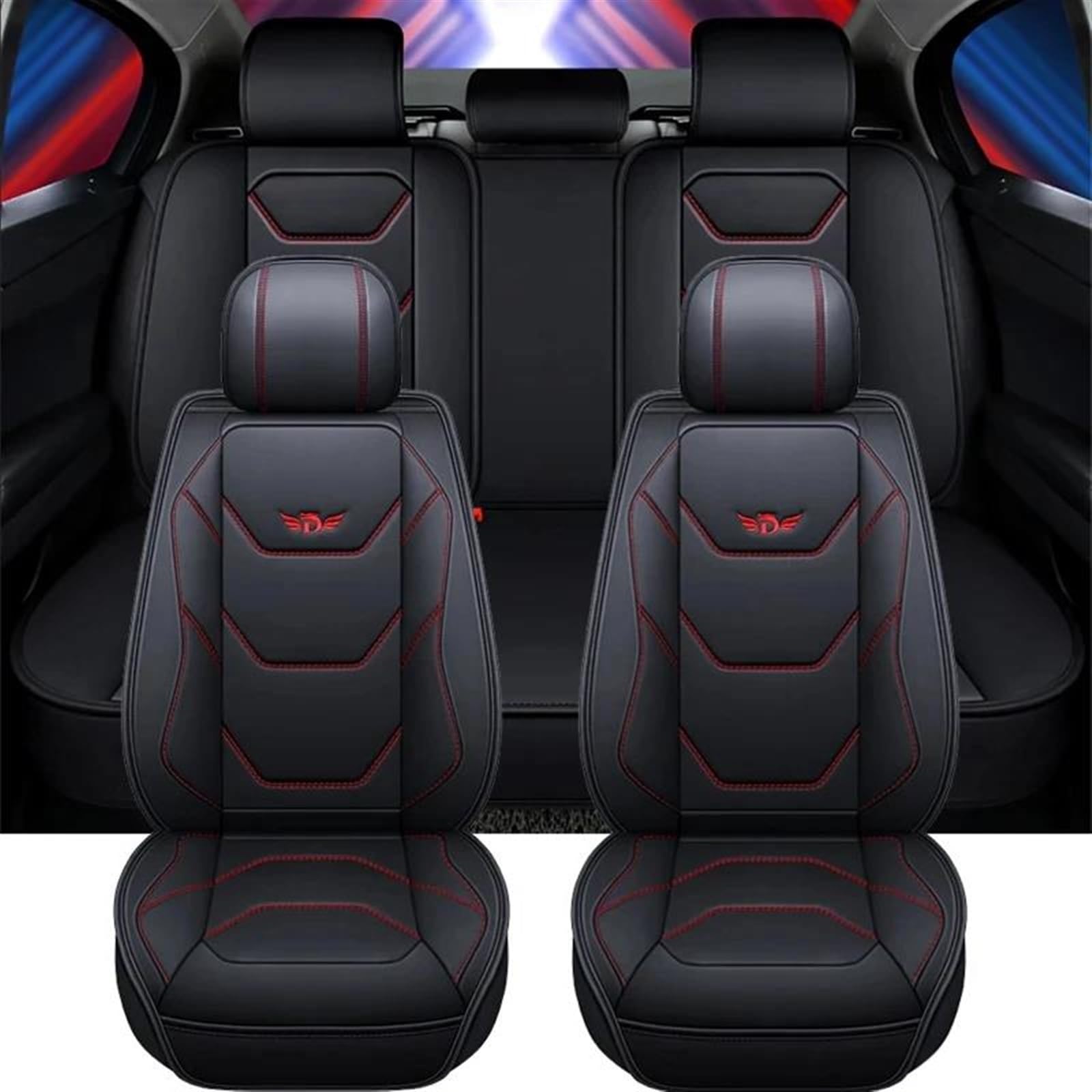 ESPYN Autositzschoner Leder Autositzbezug Für Hyundai Für Kona Für Toyota Universal Autositzbezug Lederbezug Kissenschutz Auto-Sitzbezug(Schwarz Rot) von ESPYN