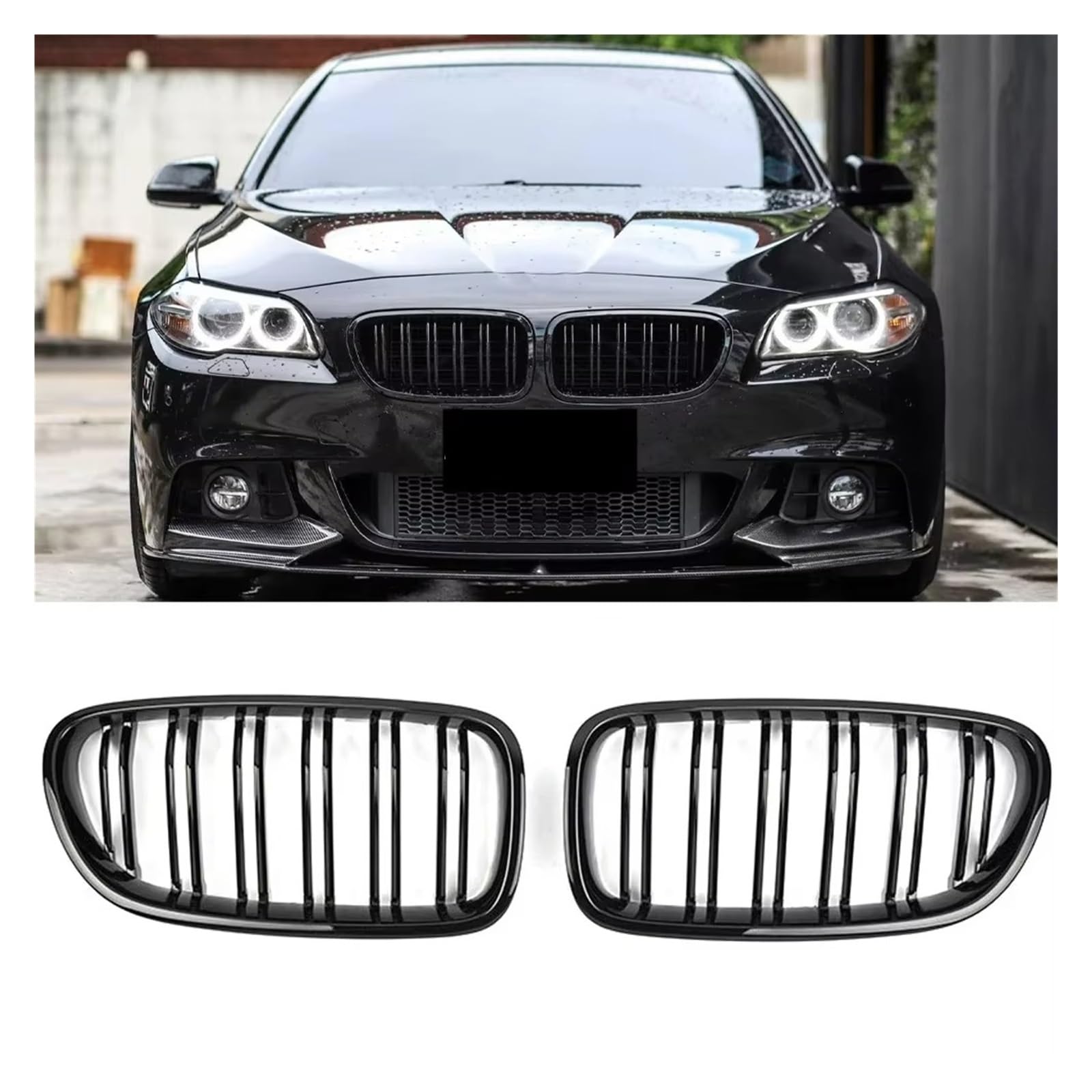 Frontgrill 2-teiliger, Glänzend Schwarzer Front-Nieren-Doppellamellengrill Im Auto-Stil Für 5er-Serie F10 F11 F18 2010–2017, Dual-Line-Renngitter Kühlergrill(Glossy Black) von ESPYN