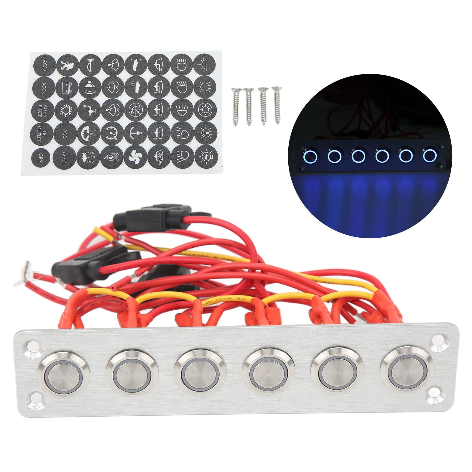 6-fach blaue LED-Hintergrundbeleuchtung, Edelstahl-Drucktastenschalter-Panel aus Aluminium für Auto, Wohnmobil, Yacht, 12 V DC-System von ETAINGYEUN