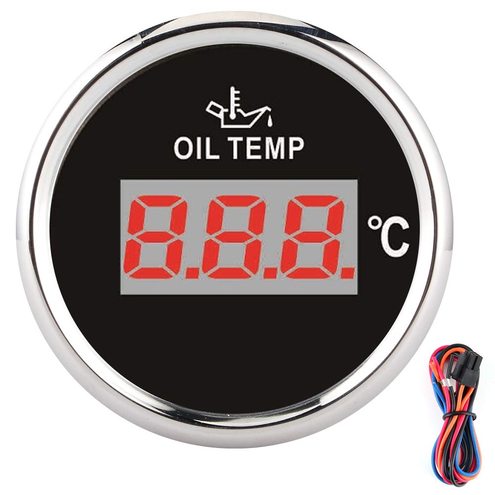 Digitale Universal-Öltemperaturanzeige, rote Hintergrundbeleuchtung, 52 mm, 50–150 ℃, 12 V/24 V, Auto, Boot, Yacht (Schwarzes Zifferblatt, silberne Lünette) von ETAINGYEUN