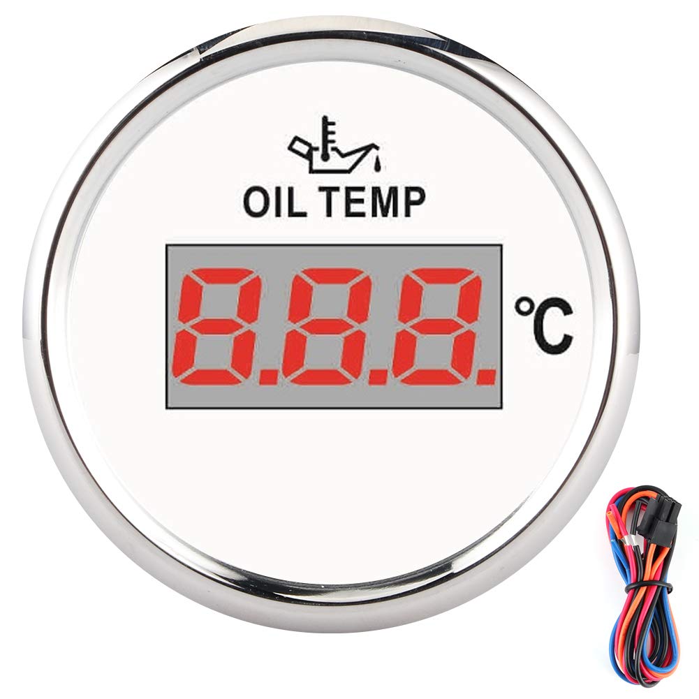 Digitale Universal-Öltemperaturanzeige, rote Hintergrundbeleuchtung, 52 mm, 50–150 ℃, 12 V/24 V, Auto, Boot, Yacht (Weißes Zifferblatt, silberne Lünette) von ETAINGYEUN