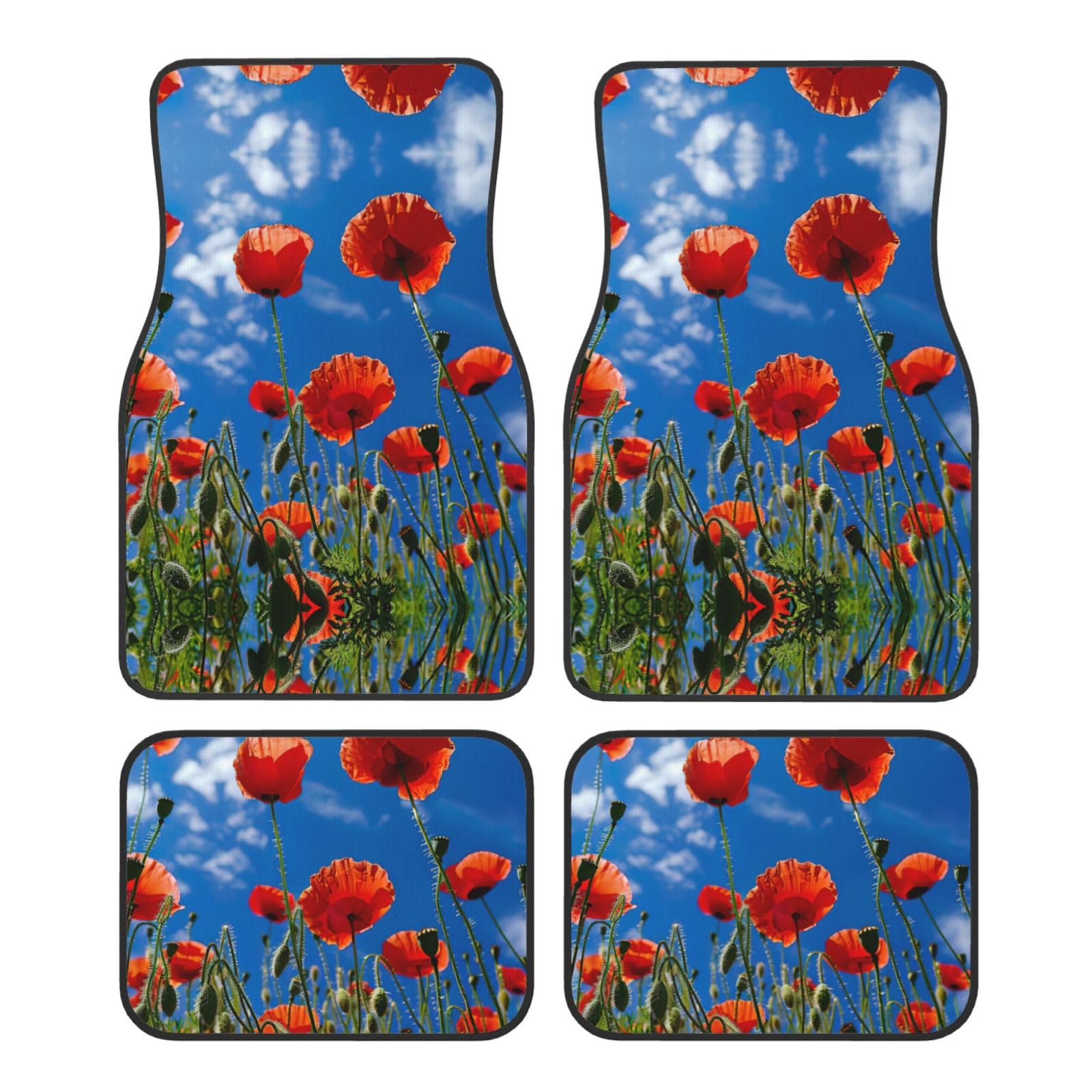 Mohnblumen auf blauem Himmel, universelle Auto-Fußmatten, 4-teiliges Set in klassischen Autoteppichmatten, Polyester-Fußmatten von ETASUIOL