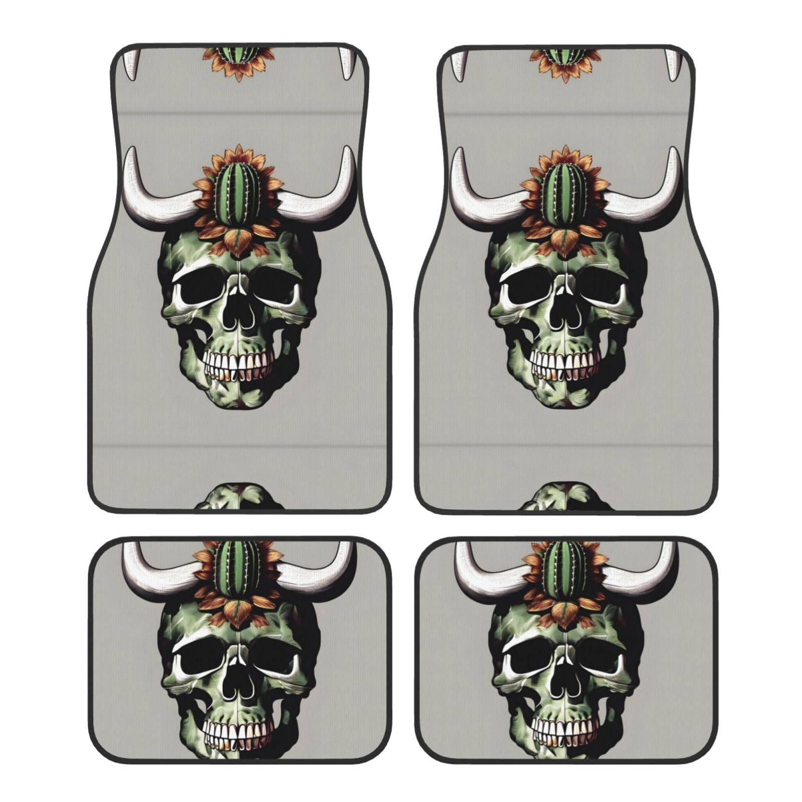 Niedlicher Kaktus und Totenkopf des Stier-Drucks, universelle Auto-Fußmatten, 4-teiliges Set in klassischen Autoteppichmatten, Polyester-Automatten von ETASUIOL