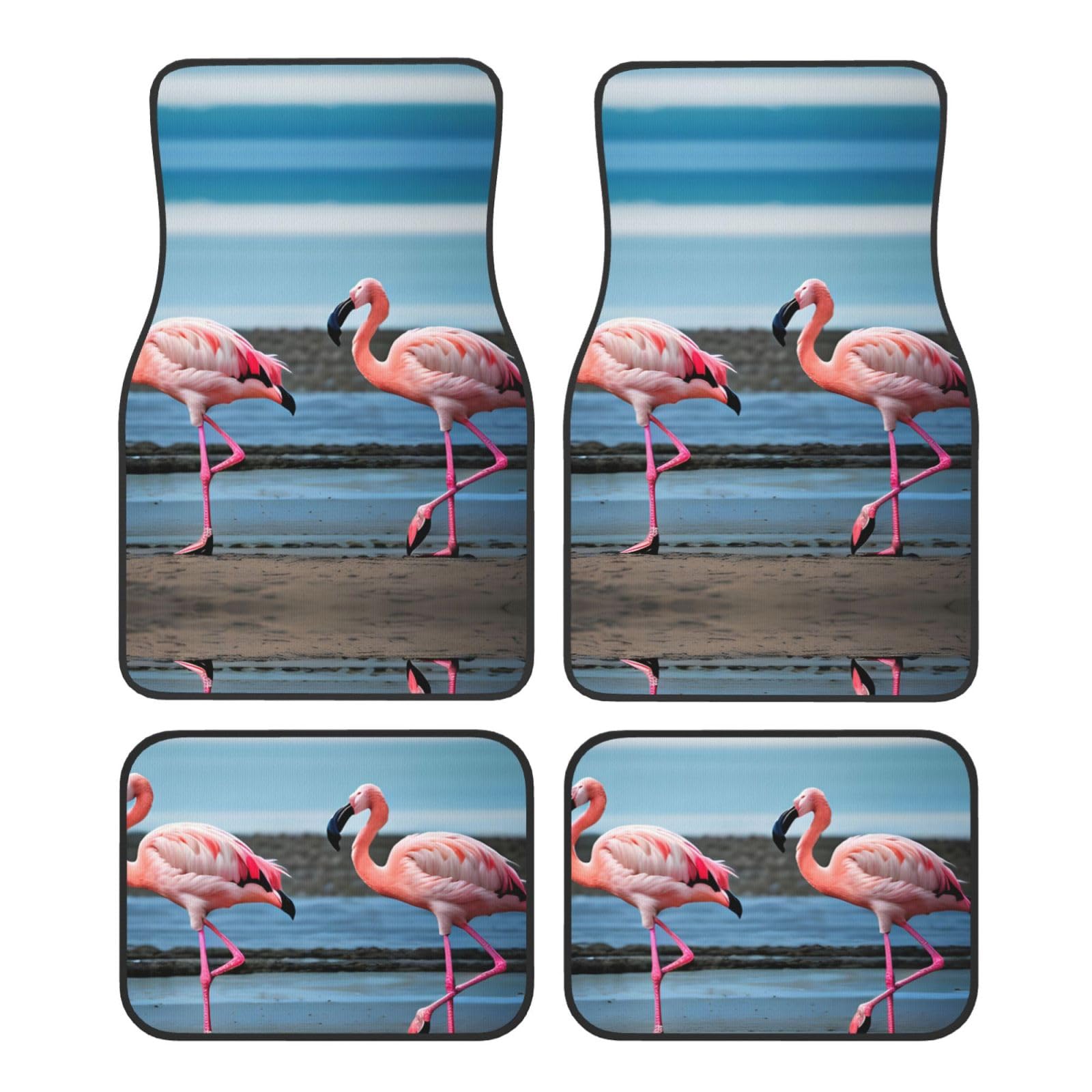 Universelle Auto-Fußmatten, Motiv: Flamingos am Strand, 4-teiliges Set in klassischen Autoteppichmatten, Polyester-Automatten von ETASUIOL