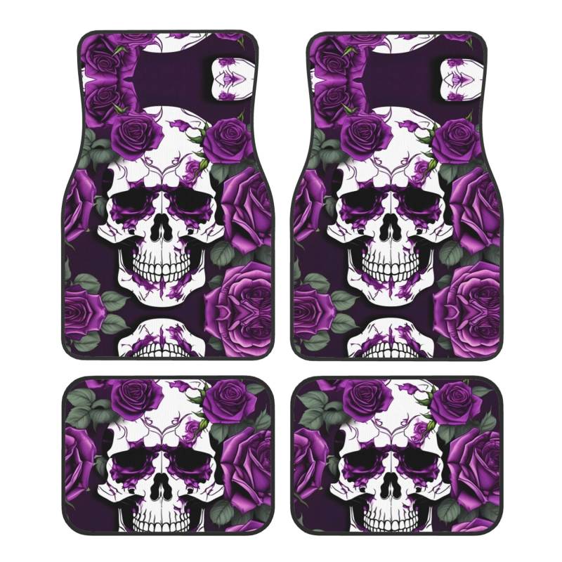 Universelle Auto-Fußmatten mit violettem Rosen-Skelett-Druck, 4-teiliges Set in klassischen Autoteppichmatten, Polyester-Automatten von ETASUIOL