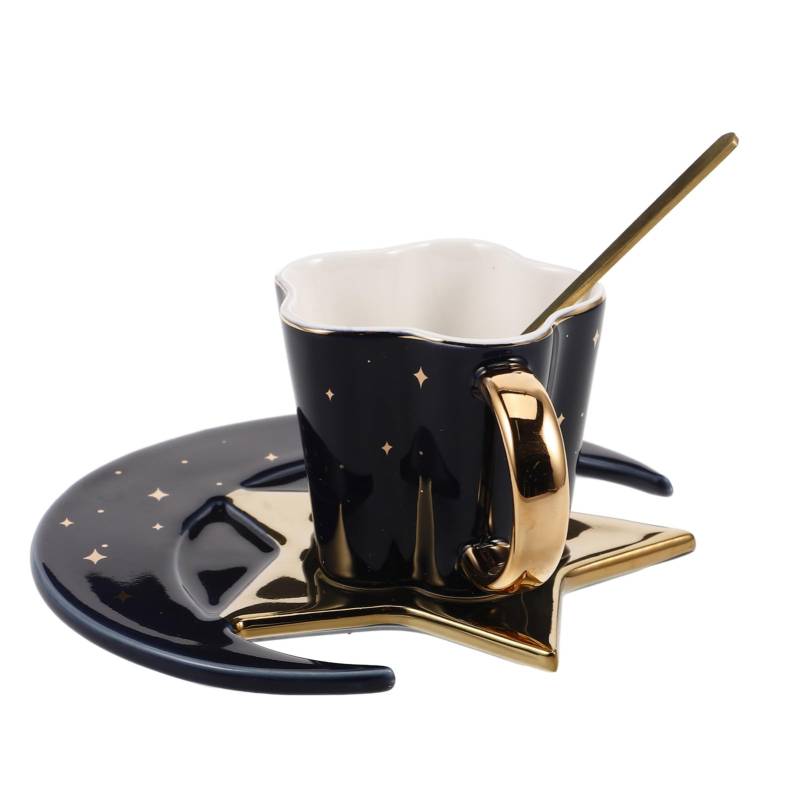 ETHZZLE 1 Set Keramik-kaffeetasse Mit Goldenem Griff, Mond-Stern-Form, Kaffeetasse Und Untertasse, Lustige Teetasse Mit Löffel, Untersetzer, Tee-kaffeetasse Für Frauen von ETHZZLE