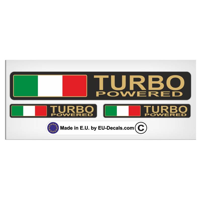 MioVespa Collection Aufkleber, Motiv: Turbo Powered, italienische Flagge, mit goldfarbenen Buchstaben, laminiert, hochwertig, 3 Stück von LZBBD