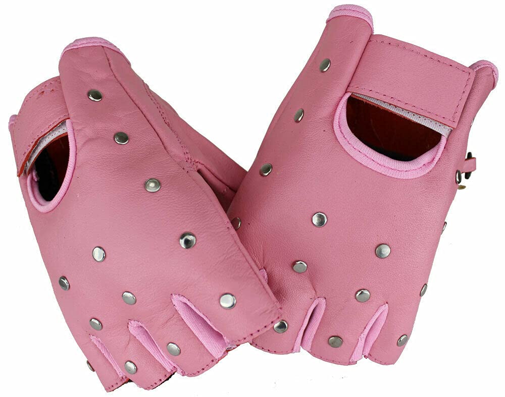 EURO STARS Biker Fingerlose Nieten Lammleder Handschuhe Pink, Motorcycle Fingerless Leather Gloves (M, Pink) von EURO STARS