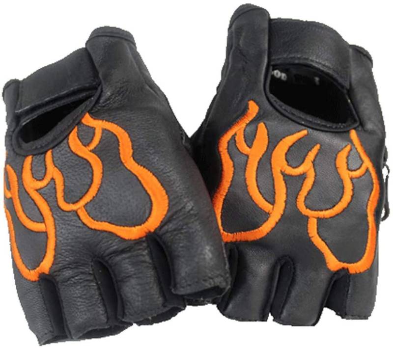 EURO STARS Biker Fingerlose Orange Flamme Lammleder Handschuhe, Motorcycle Fingerless Leather Gloves (2XS, Schwarz) von EURO STARS