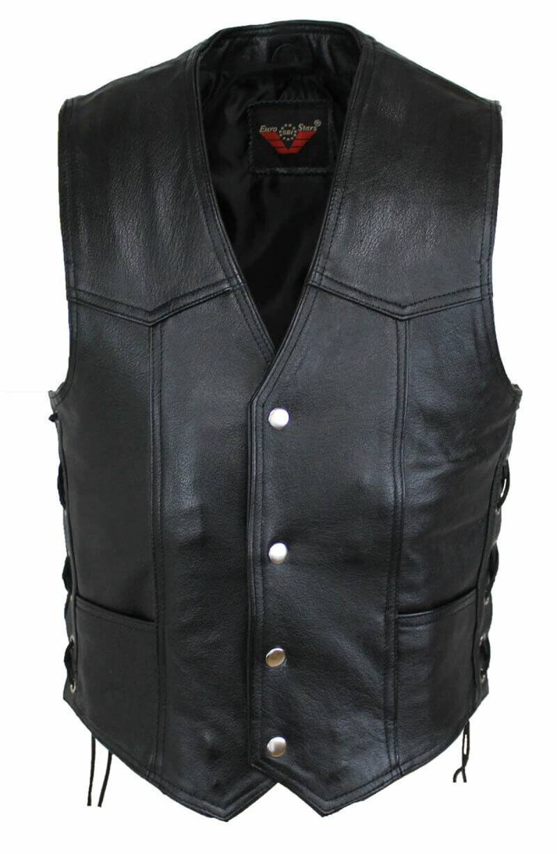 EURO STARS Biker Lederweste Button Schwarz, Herren Lederkutte, Choppers Lederweste, Rockerweste, Clubweste, Lederkutte, Kutte, Leather Vest black (S, Schwarz) von EURO STARS