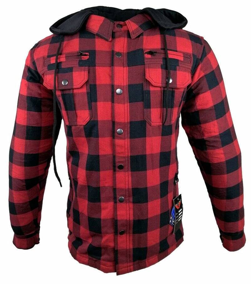 EURO STARS Biker Lumberjack Hemd Kev Aramid für Herren VOLL Innenfutter herausnehmbar mit Kapuze und Protektoren, Biker Flanell-Holzfällerhemd Reißfest, Winddicht, Wasserabweisend, Hemd (4XL, Rot) von EURO STARS