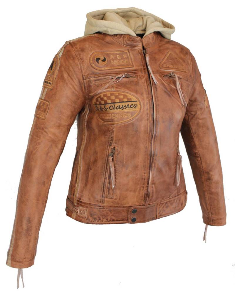 EURO STARS Damen Biker Lederjacke Braun mit Kapuze und Protektoren, Damen Motorradjacke, Damen Bikerjacke, Damen Lederjacke, Damen Jacke (M, Braun) von EURO STARS