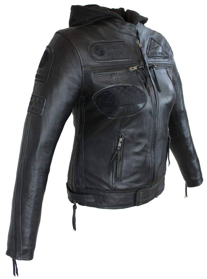 EURO STARS Damen Biker Lederjacke Schwarz mit Kapuze und Protektoren, Damen Motorradjacke, Damen Bikerjacke, Damen Lederjacke, Damen Jacke (M, Black) von EURO STARS