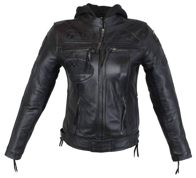 EURO STARS Damen Biker Lederjacke Schwarz mit Kapuze und Protektoren, Damen Motorradjacke, Damen Bikerjacke, Damen Lederjacke, Damen Jacke (XL, Black) von EURO STARS