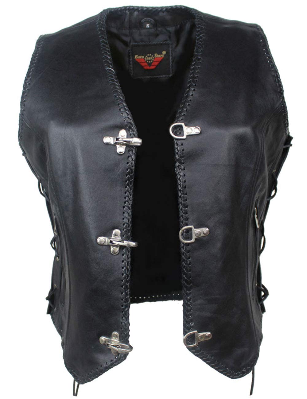 EURO STARS Damen Lederweste mit Seiten Schnür Schwarz Hackenverschlüsse, Bikerweste, Motorradlederweste Metallverschlüsse, Clubweste, Chopperweste, Rocker Weste, Kutte, Leather Vest (3XL, Schwarz) von EURO STARS