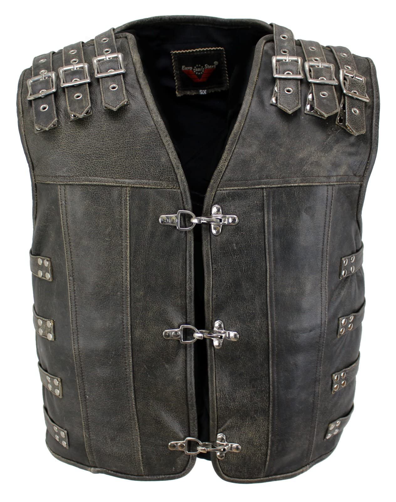 EURO STARS Herren Motorrad Lederkutte Bran mit 3 Schnallen, Biker Lederweste, Rindleder Weste, Clubweste, Rocker Lederkutte, Biker Leather Vest (XL, Braun) von EURO STARS