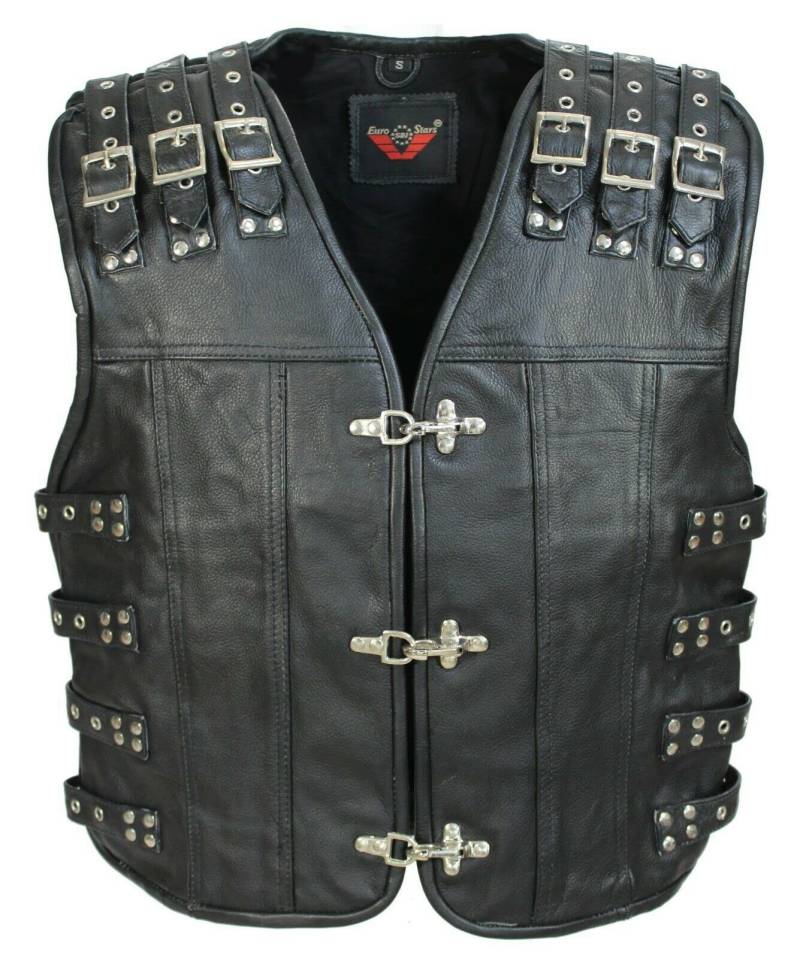 EURO STARS Herren Motorrad Lederkutte mit 3 Schnallen, Biker Lederweste, Rindleder Weste, Clubweste, Rocker Lederkutte, Biker Leather Vest (L, Schwarz) von EURO STARS