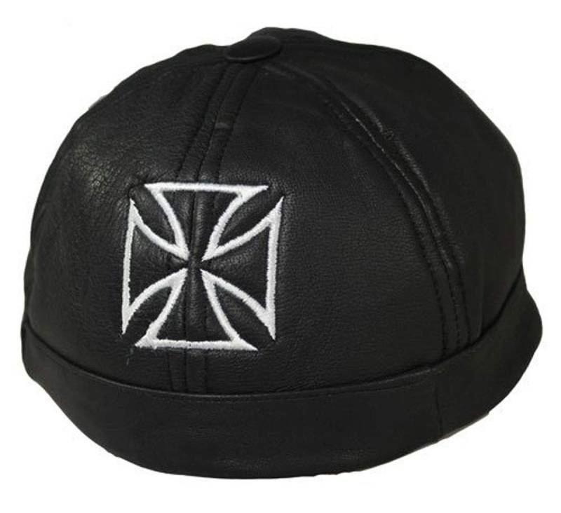 EURO STARS Motorrad Cap ohne Schirm mit Iron cross Motiv, Mütze Docker Cap Trucker Biker, Real Leather Cap von EURO STARS