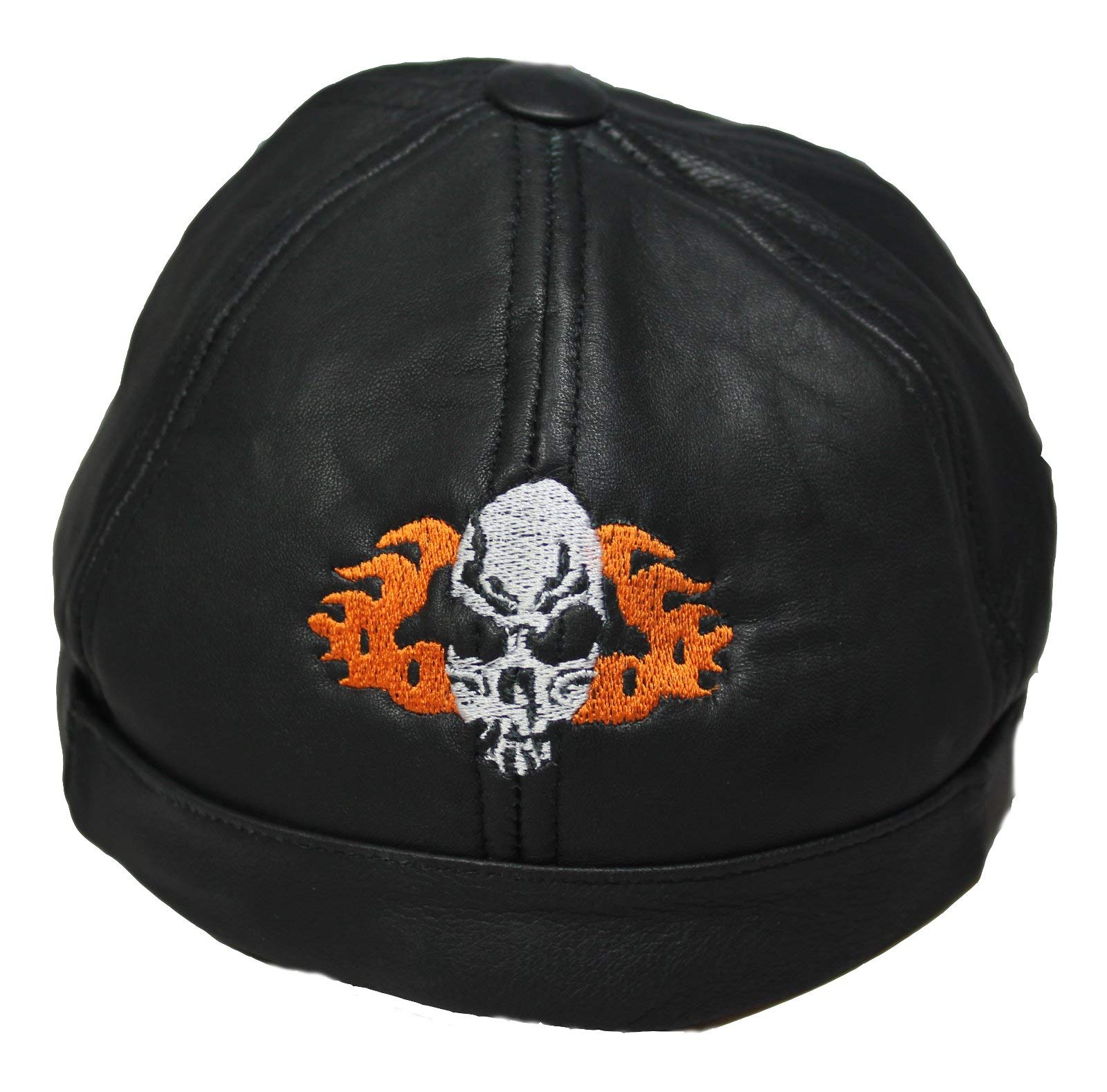 EURO STARS Motorrad Cap ohne Schirm mit Totenkopf Flammen Motiv, Mütze Docker Cap Trucker Biker, Real Leather Cap von EURO STARS