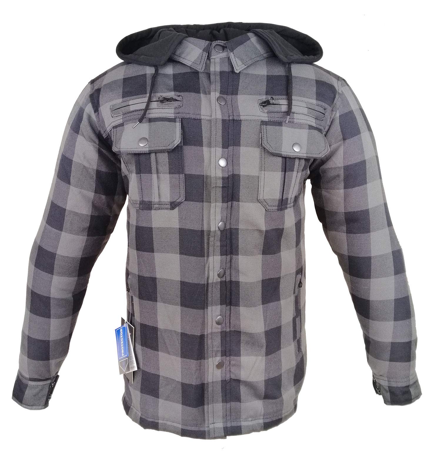 EURO STARS Motorrad Lumberjack Hemd Kev Aramid VOLL Innenfutter herausnehmbar mit Kapuze und Protektoren, Biker Flanell-Holzfällerhemd Reißfest, Winddicht, Wasserabweisend, Motorrad Hemd (2XL, Grau) von EURO STARS