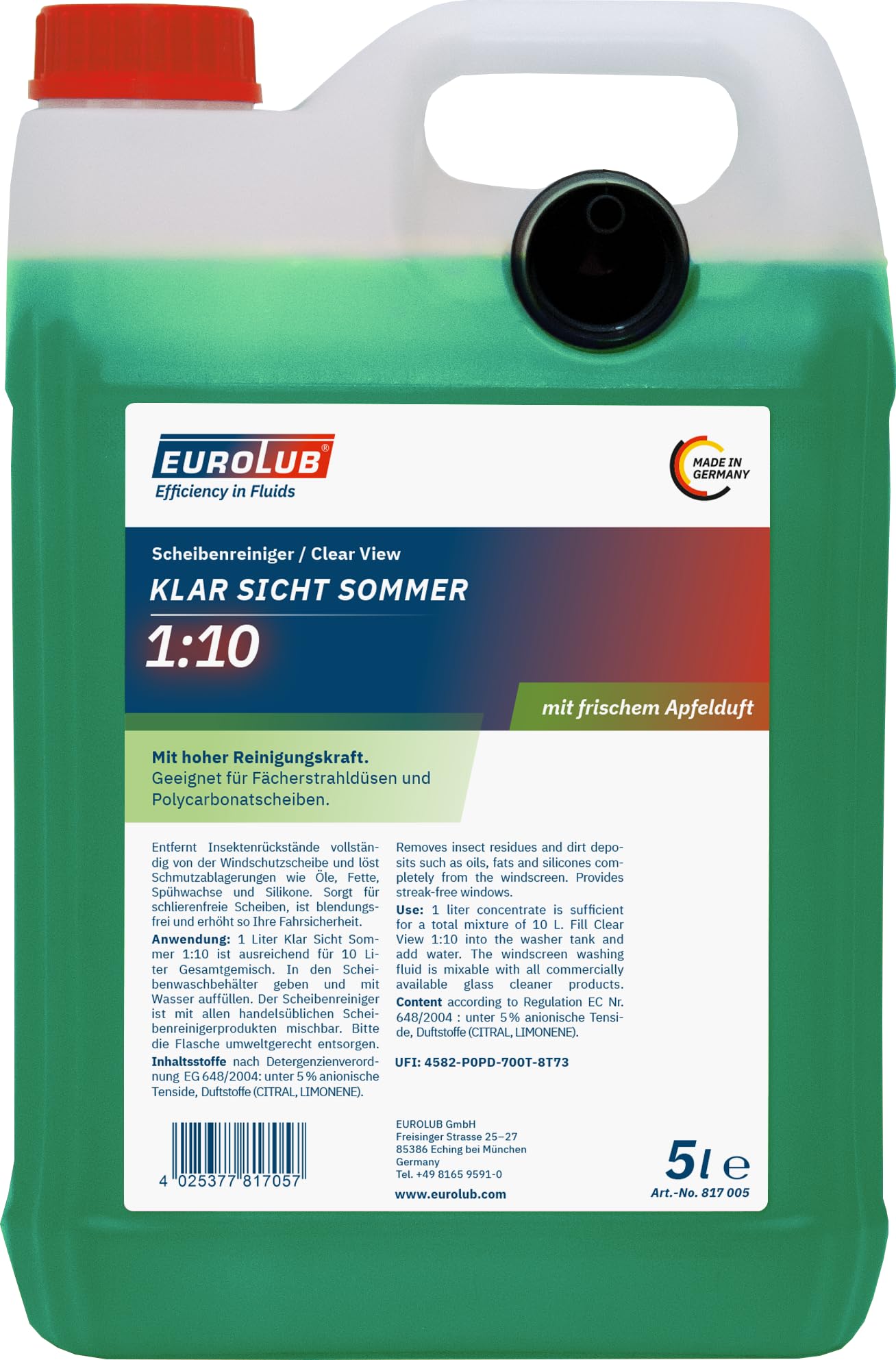 EUROLUB KLAR SICHT Sommer 1:10 Scheibenreiniger-Konzentrat, 5 Liter, Grün von EUROLUB