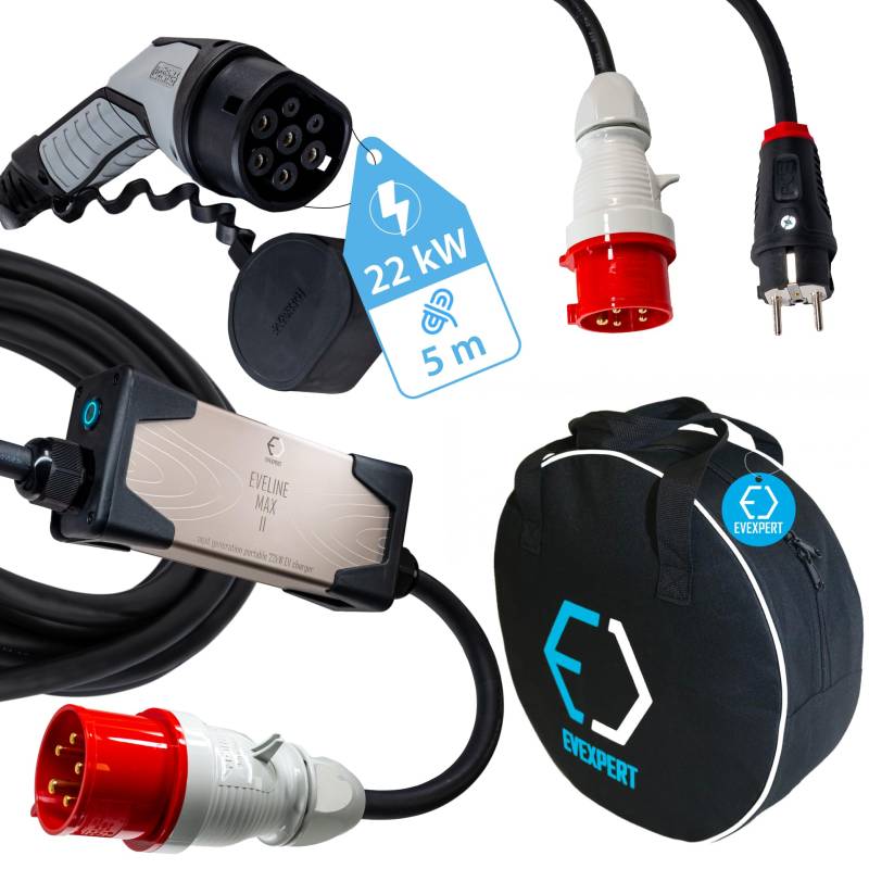 EVExpert Typ 2 Ladekabel Schuko, Eveline Max I/II, 3,7-22kW Smart EV Ladegerät und Mobile Ladestation für Elektroauto, SCHUKO/CEE 5-Pin (RCD FI A-EV) 16-32A | 1/3-phasig | 5m Ladekabel | Inkl. Tasche von EVExpert