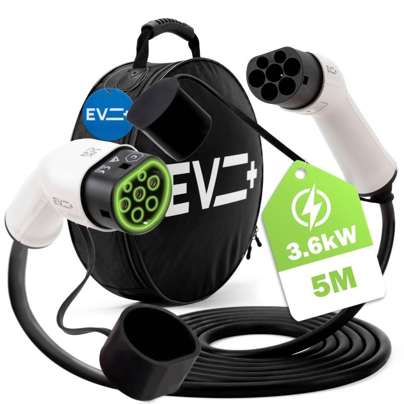 EV + Elektrofahrzeug-Ladekabel - Typ 2 auf Typ 2-5 Meter PHEV- und EV-Ladekabel - 1-Phase 16A (3,6 kW) Schwarz- Gratis Tragetasche - EU CE IP55 von EV +