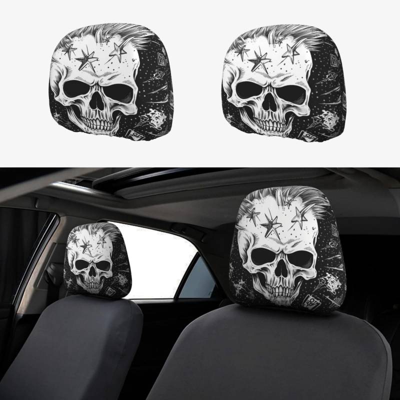 EVANEM Autositz-Kopfstützenbezug, Punk-Totenkopf-Motiv, 2 Stück, Auto-Innendekoration, Auto-Kopfstützenschutz, perfektes Geschenk für das Auto, geeignet für die meisten Autos von EVANEM