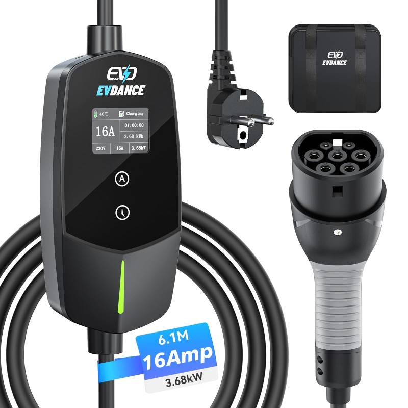 EVDANCE Typ 2 Ladekabel Schuko 3.68kW [1-phasig, 6.1m, 6-16A] Ladekabel Elektroauto mit 0-12h Zeitverzögerung Typ 2 Schuko für Elektroauto & Hybrid (PHEV/EV) von EVDANCE