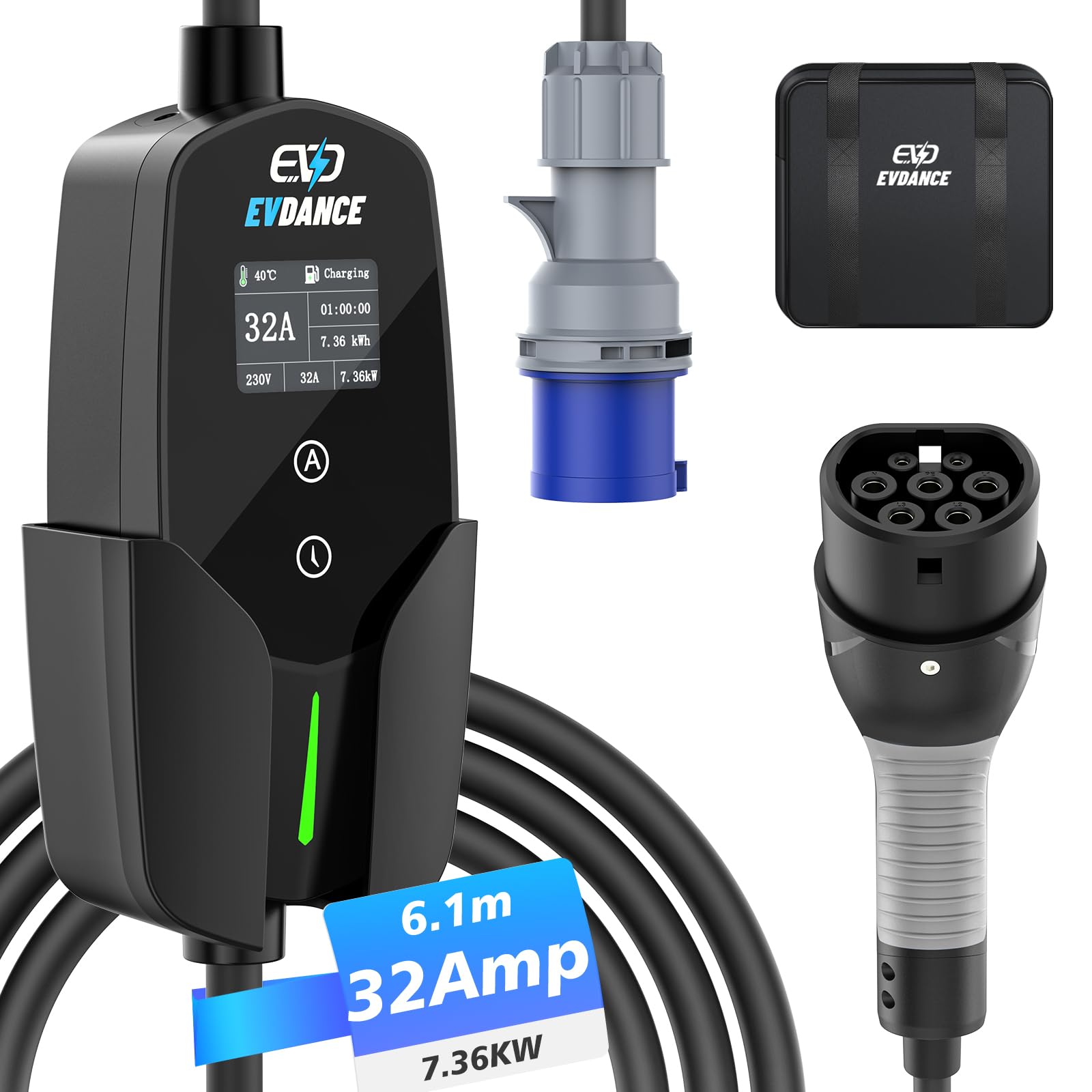 EVDANCE Typ 2 Ladekabel mit CEE Stecker [7.36kW, 1 Phase, 6.1m, 10A-32A] IP66 Wasserdicht, Tragbares EV-Ladekabel und Mobile Wallbox Ladestation für Elektroauto & Hybrid(PHEV/EV) von EVDANCE