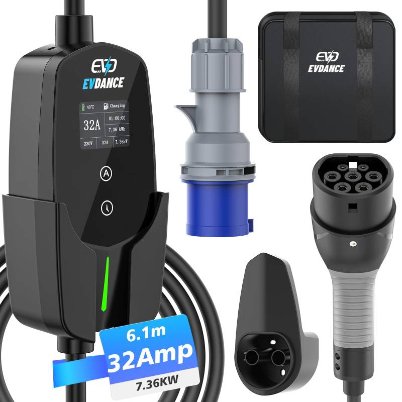 EVDANCE Typ 2 Ladekabel mit CEE Stecker [7.36kW, 1 Phase, 6.1m, 10A-32A] IP66 Wasserdicht, Tragbares EV-Ladekabel und Mobile Wallbox Ladestation für Elektroauto & Hybrid(PHEV/EV) von EVDANCE